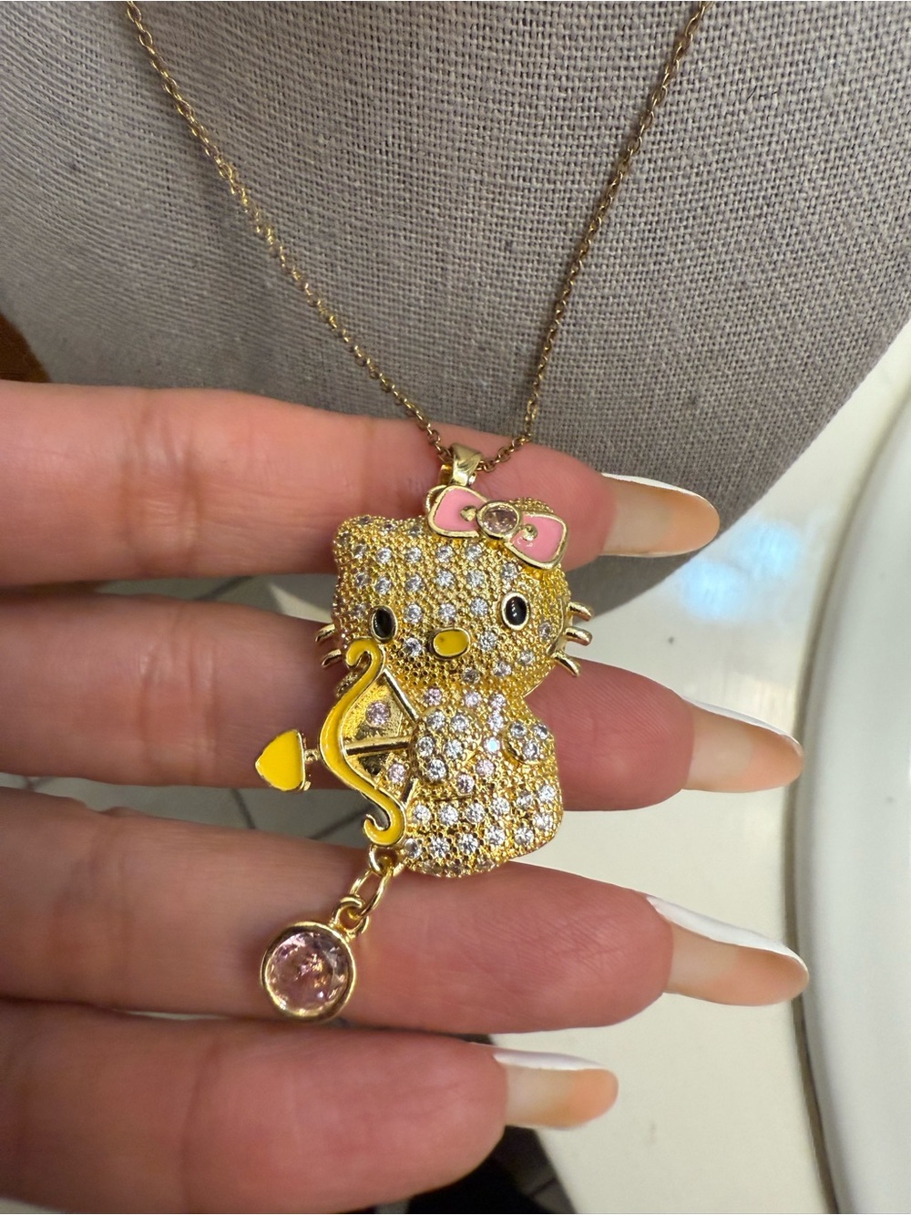 Hello Kitty Gold Pink Bow Pendant Necklace